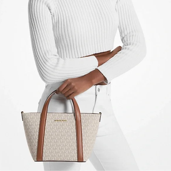 NWT MK Mini Crossbody Signature Logo Canvas in Cream, Brown Accent Color & Gold - Picture 3 of 4